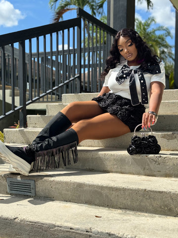 Can you call me rose Fashion Rose Patchwork Shorts -BLACK