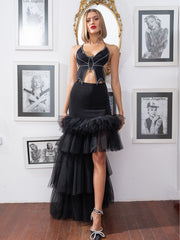 RESOLUTIONS high-low tiered ruffle tulle skirt-black