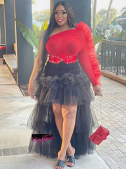 RESOLUTIONS high-low tiered ruffle tulle skirt-black
