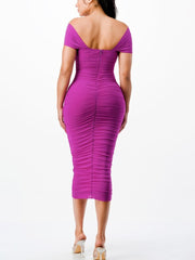 HOPELESSLY DEVOTED Ruched off shoulder mesh midi dress