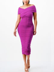 HOPELESSLY DEVOTED Ruched off shoulder mesh midi dress