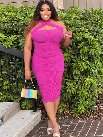 HOPELESSLY DEVOTED Ruched off shoulder mesh midi dress