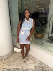 CONNIE Blue & White Striped Knit Mini Dress