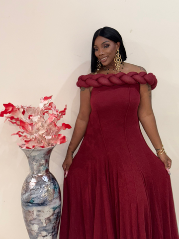 DAWN Crimson Majesty Off-Shoulder Gown