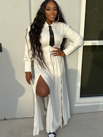 Elizabeth Lapel Long Sleeve Slit Maxi Dress