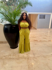 LATEASHA Lime Green Smocked Crop Top & Wide-Leg Pants Set
