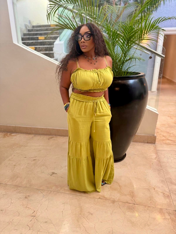 LATEASHA Lime Green Smocked Crop Top & Wide-Leg Pants Set