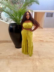 LATEASHA Lime Green Smocked Crop Top & Wide-Leg Pants Set