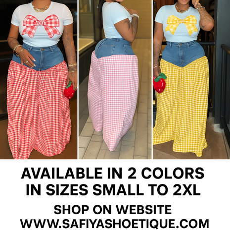 NIESHA Gingham Bow Tee And Denim Skirt Set