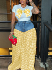 NIESHA Gingham Bow Tee And Denim Skirt Set