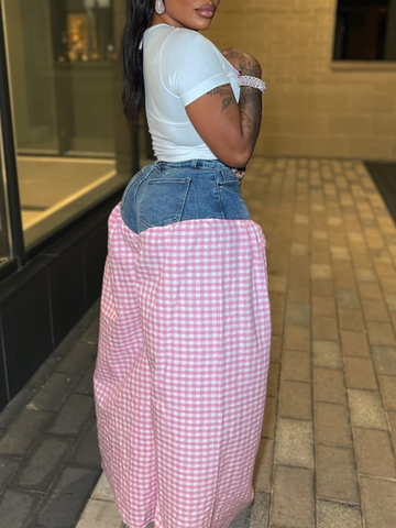 NIESHA Gingham Bow Tee And Denim Skirt Set