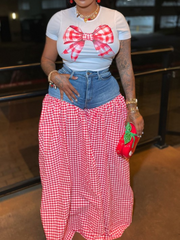 NIESHA Gingham Bow Tee And Denim Skirt Set