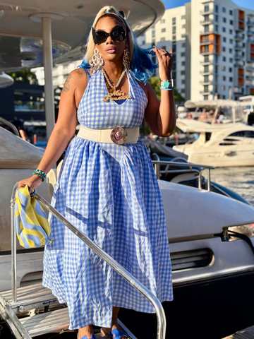 SARA Blue Gingham Halter Maxi Dress