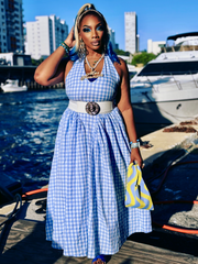 SARA Blue Gingham Halter Maxi Dress
