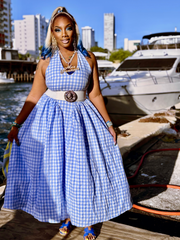 SARA Blue Gingham Halter Maxi Dress