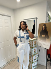 "Tasha" White And Denim Jogger Set