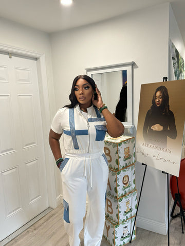 "Tasha" White And Denim Jogger Set