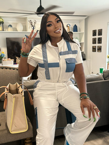 "Tasha" White And Denim Jogger Set