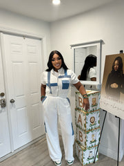 "Tasha" White And Denim Jogger Set