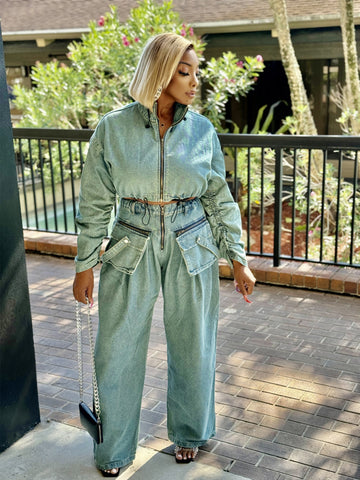WHATS THE TEA FASHION denim TWO PIECE PANTS set