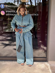 WHATS THE TEA FASHION denim TWO PIECE PANTS set