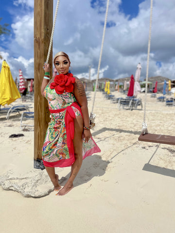 Red ruby SWIM WEAR SET with Bikini Wrap Skirt