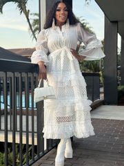 Eternity Bell Sleeve Ruffle Dress-WHITE