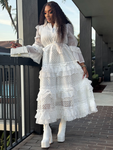 Eternity Bell Sleeve Ruffle Dress-WHITE