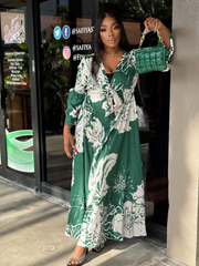 Glam me classily PRINTED V NECK MAXI DRESS -Green