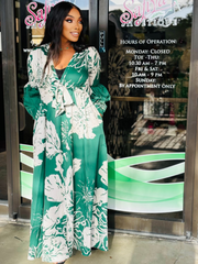 Glam me classily PRINTED V NECK MAXI DRESS -Green