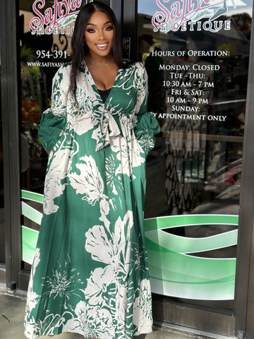 Glam me classily PRINTED V NECK MAXI DRESS -Green
