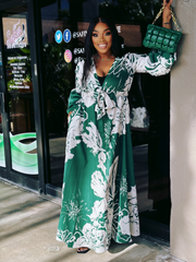 Glam me classily PRINTED V NECK MAXI DRESS -Green