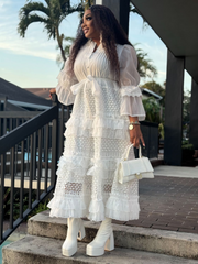 Eternity Bell Sleeve Ruffle Dress-WHITE