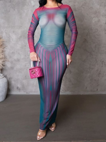Body Morphing Stripe Printed Semi Sheer Dress