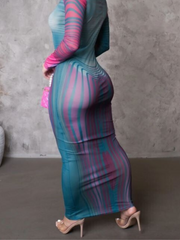 Body Morphing Stripe Printed Semi Sheer Dress