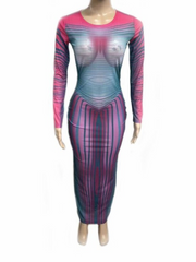 Body Morphing Stripe Printed Semi Sheer Dress