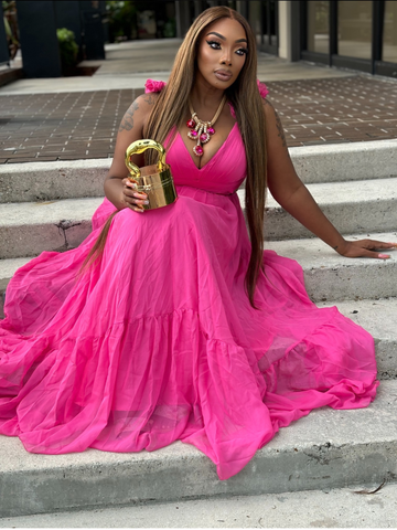 sunny summer Organza Ruffle Shoulders Maxi Dress