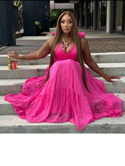 sunny summer Organza Ruffle Shoulders Maxi Dress