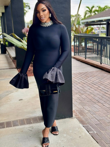 SARAH Satin-Cuff Long Sleeve Gown