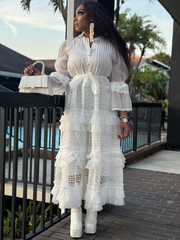 Eternity Bell Sleeve Ruffle Dress-WHITE