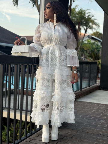 Eternity Bell Sleeve Ruffle Dress-WHITE