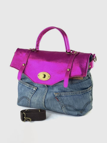 Vintage Denim and hot pink hand and shoulder bag