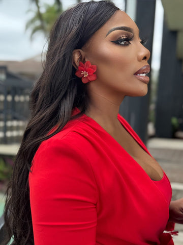 Fireside Glamour: Red &amp; Gold Tropical Flower Earrings